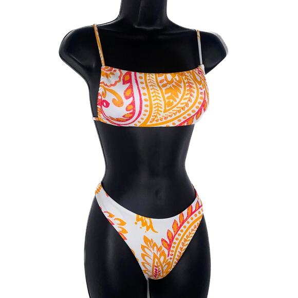 New Small Orange Pink Paisley Print Square Neck Bandeau Bikini Halter Swimsuit - Picture 1 of 6